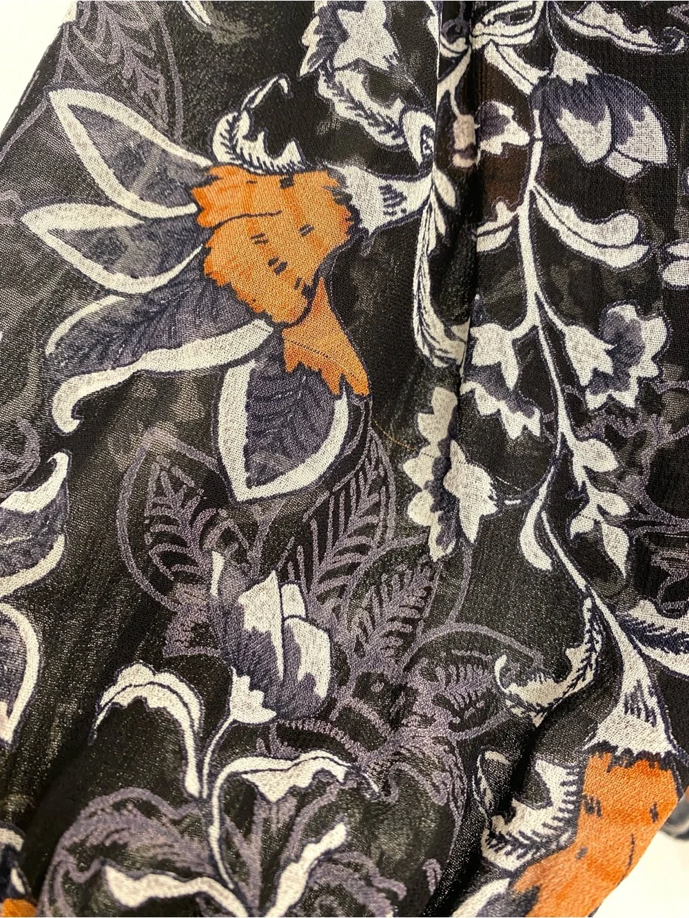 B. Copenhagen Floral Smocked Neck Sheer Blouse Black Burnt Apricot Paisley US M - Picture 13 of 14